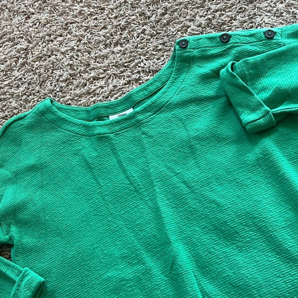 J. Jill Green Textured Knit Button Shoulder Top 3/4 Sleeve Size Medium